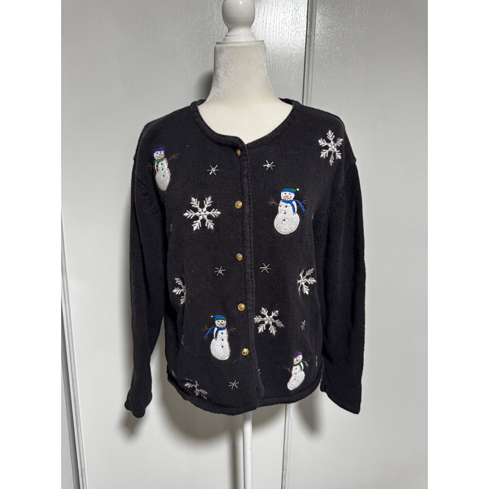 Crystal Kote‎ Black Snowman Snowflake Embroidered Cardigan Sweater Women's Large